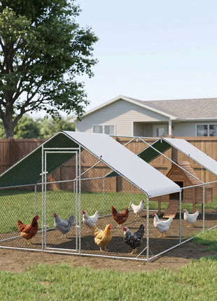 Large Chicken Coop Metal Chicken Run with Waterproof and Anti-UV Cover, Spire Shaped Walk in Fence Cage Hen House for Outdoor and Yard Farm Use, 1" Tube Diameter, 9.8' x 26.2' x 6.6'