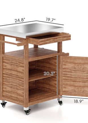 Outdoor Grill Cart with Stainless Steel Top, Solid Wood Outdoor Kitchen Island with Wheels, Drawer, Side Handle, Brown