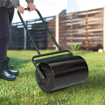 20-Inch Push/Tow Behind Lawn Roller Filled with 10 Gal Water or Sand for Flattening Sod in the Garden, Dark Green