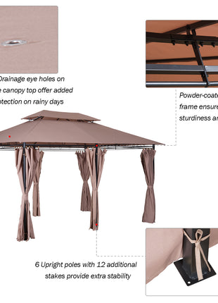  10' x 13' Patio Gazebo, Outdoor Gazebo Canopy Shelter with Curtains, Vented Roof, Steel Frame for Garden, Lawn, Backyard and Deck, Khaki