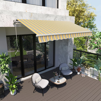 12' x 10' Manual Retractable Awning Outdoor Sunshade Shelter for Patio, Balcony, Yard, with Adjustable & Versatile Design, Yellow and Gray