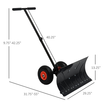 Snow Shovel Rolling Pusher with 29" Blade, 10" Wheels & Angle-Adjustable Handle, Black