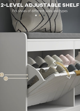 Narrow Storage Bench, Upholstered Entry Way Bench, Shoe Rack Bench with 2 Flip Drawers, 2 Vents for 8 Pairs of Shoes