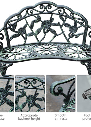 Outdoor Bench, Cast Aluminum Outdoor Furniture, Metal Bench with Floral Rose Accent & Antique Finish, Green