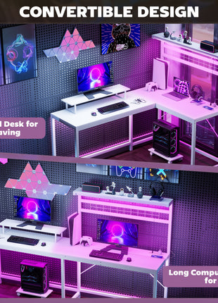 61.6" L Shaped Gaming Desk with Power Outlets & LED Lights, Computer Desk with Monitor Stand and CPU Shelf, White