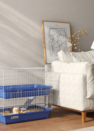 2-Tier Guinea Pig Cage, Ferret Cage, Chinchilla Cage, Small Animal Cage Indoor with Dish and Bottle, 2 Doors, Deep Bottoms, Ramp, 28", Blue