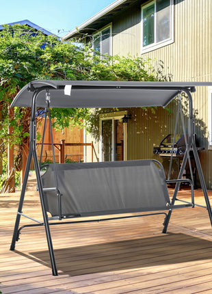 3-Person Porch Swing with Stand, Outdoor Swing for Patio Porch with Adjustable Tilt Canopy and Comfortable Swing Bench-Style Seat, Steel Frame, Gray