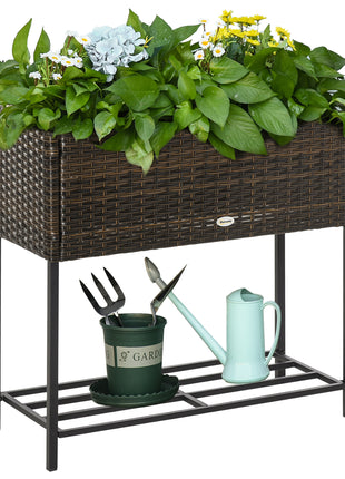 Raised Garden Bed, Elevated Planter Box with Rattan Wicker Look, Tool Storage Shelf, Portable Design for Herbs, Vegetables, Flowers, Brown