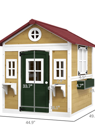 Wooden Playhouse for Kids Outdoor with Doors, Windows, Planter Pots and Boxes for Toddlers 3-8 Years, Beige