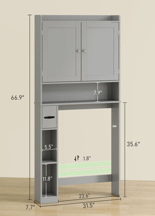 Modern Over the Toilet Storage Cabinet with 2 Doors, Above Commode Storage Cabinet with Toilet Paper Holder, Gray