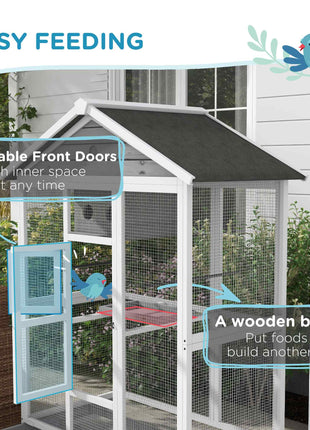 64.5" Wooden Bird Cage Aviary, Flight Cage with 4 Perches, Nest and Slide-Out Tray for Indoor/Outdoor, Gray