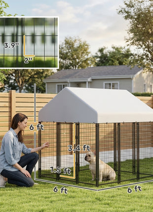 Outdoor Dog Kennel with Roof, 6' x 6' x 6' Heavy Duty Welded Wire Dog Playpen Enclosure with Escape-proof Lock