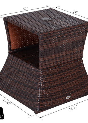 Outdoor Side Table with Umbrella Hole, 2 Tier Rattan Wicker End Table with Storage Shelf, All Weather for Outdoor, Patio, Garden, Backyard, Mixed Brown