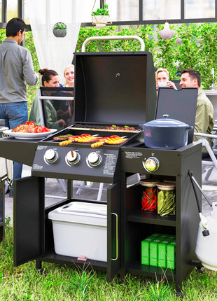 3 Burner Propane Gas Grill with Side Burner Barbecue Grill with Shelves, 9.5 KW Output, 310 Sq. in. Cooking Area