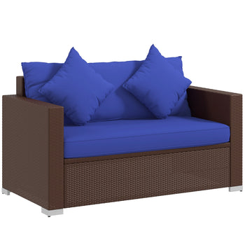 Wicker Loveseat, Patio Furniture Couch with Cushions, 2 Seat PE Rattan Sofa, 2 Throw Pillows, Blue