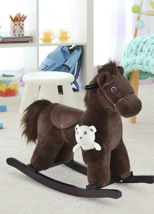 Kids Rocking Horse with Bear Toy, Plush Animal Rocker with Fun Realistic Sounds for Toddler 18-36 Months, Brown