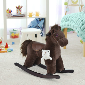 Kids Rocking Horse with Bear Toy, Plush Animal Rocker with Fun Realistic Sounds for Toddler 18-36 Months, Brown