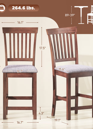 Counter Height Bar Stools with Padded Seat, High Back Kitchen Chairs Set of 2 for Dining Room, Gray and Dark Brown