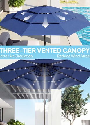 9.7 ft Outdoor Patio Umbrella with Solar LED Lights, 3 Tier Outdoor Table Umbrella with Tilt, Crank, Navy Blue