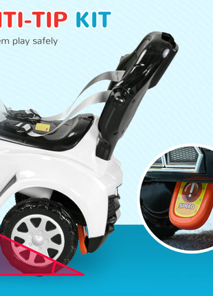 3 in 1 Push Car Sliding Car with Removable Handle, Music, Horn, Canopy, Safety Guardrail, White