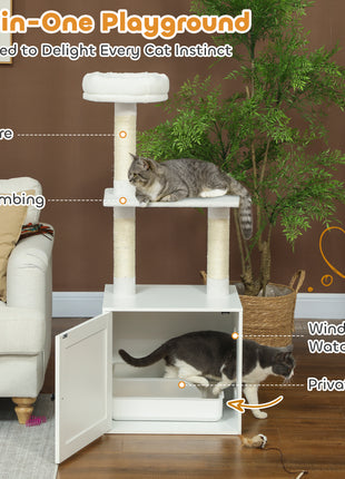 Cat Tree with Litter Box Enclosure, Scratching Posts, Bed, Climbing Platforms for Indoor Cats, White