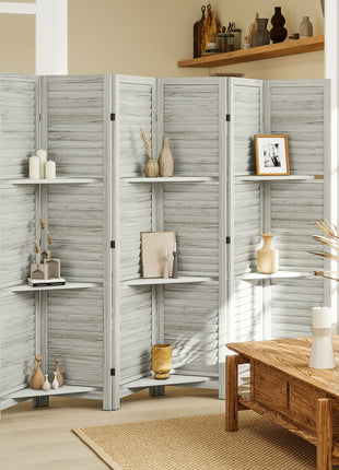 6 Panel 67" Tall Wood Privacy Screen Room Divider with 3 Shelves and Folding Storage for Bedroom, White