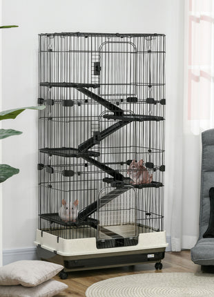 32"L 6-Level Small Animal Cage Rabbit Hutch with Universal Lockable Wheels, Slide-out Tray for Bunny, Chinchillas, Ferret, Black