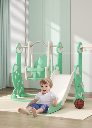 4 in 1 Toddler Slide and Swing Set for Ages 1.5-4, Toddler Playset Playground with Climber, Basketball Hoop, Green