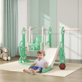 4 in 1 Toddler Slide and Swing Set for Ages 1.5-4, Toddler Playset Playground with Climber, Basketball Hoop, Green