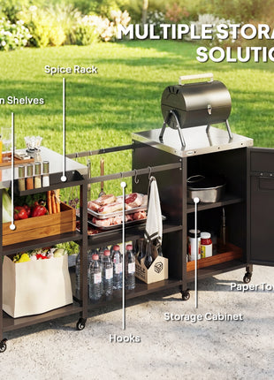 Grill Table for Big Green Egg Grill, Heavy Duty Metal BBQ Prep Table with Stainless Steel Top and Storage Cabinet, Black