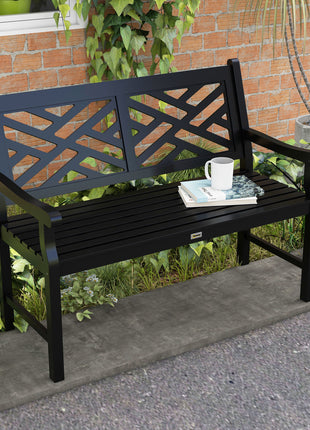Outdoor Garden Bench, Wooden Frame Patio Bench with Geometric Pattern, 43.25 Inch Weatherproof 2-Person Love Seat for Garden, Lawn, Porch, Yard, Work Entryway, Black