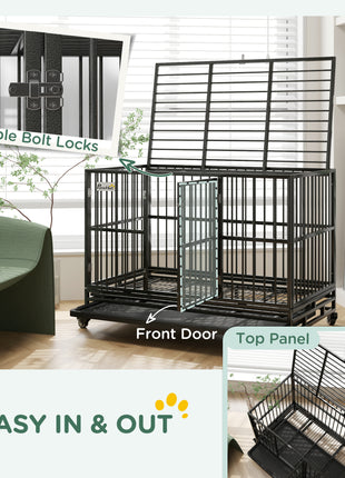 48" Heavy Duty Dog Crate Metal Cage Kennel with Lockable Wheels, Double Door and Removable Tray, gray