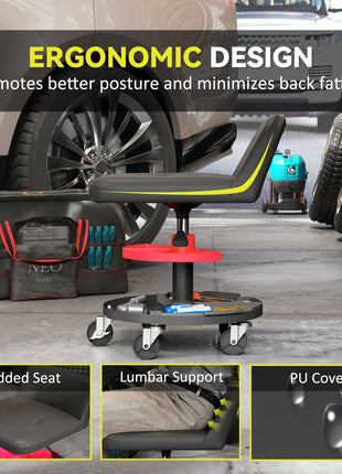 Rolling Creeper Garage Stool, 300 LBS Capacity Mechanic Stool with 360° Wheels, Tool Tray, Adjustable Height, Black