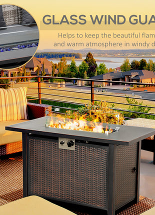 43 Inch Outdoor Propane Gas Fire Pit Table, 50,000 BTU Auto-Ignition Rectangular Wicker-effect Gas Firepit with Glass Wind Guard, Lid, Glass Beads, Steel Base, CSA Certification, Bronze