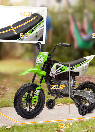 12V Kids Electric Motorcycle w/ Twist Grip Throttle, Training Wheels, Rear Suspension & Music, Green