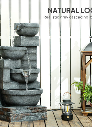30" Tall Outdoor Waterfall Fountain with LED Lights, 4-Tier Resin Cascading Water Bowls with Pump, Gray