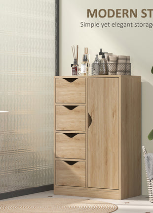 Freestanding Storage Cabinet, Bathroom Floor Cabinet with 4 Drawers and Door, Oak