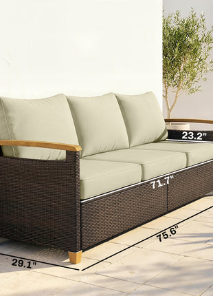 3 Seater Outdoor Couch Sofa, PE Wicker Patio Sofa, Wide Deep Seat, 4" Cushions, Wood-Effect Armrests Legs, Beige