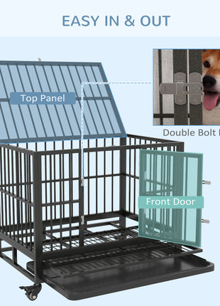 36" Heavy Duty Dog Crate Metal Cage Kennel with Lockable Wheels, Double Door and Removable Tray, Gray