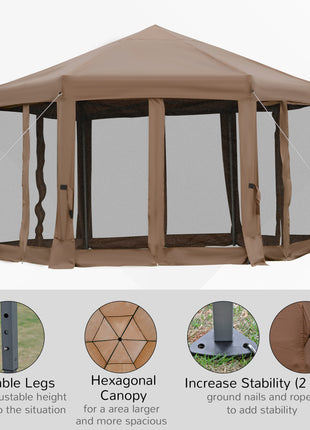 13' x 11' Hexagonal Pop Up Gazebo, Heavy Duty Outdoor Canopy Tent with 6 Mesh Sidewall Netting, 3-Level Adjustable Height and Strong Steel Frame, Brown