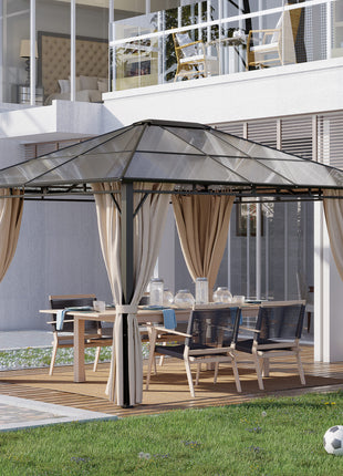 10' x 12' Hardtop Gazebo Canopy with Polycarbonate Roof, Aluminum Frame, Permanent Pavilion Outdoor Gazebo with Netting, for Patio, Garden, Backyard, Deck, Lawn, Dark Brown, Off-White