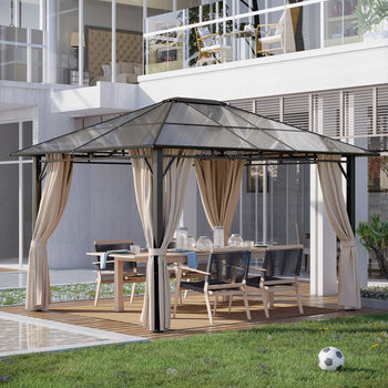 10' x 12' Hardtop Gazebo Canopy with Polycarbonate Roof, Aluminum Frame, Permanent Pavilion Outdoor Gazebo with Netting, for Patio, Garden, Backyard, Deck, Lawn, Dark Brown, Off-White