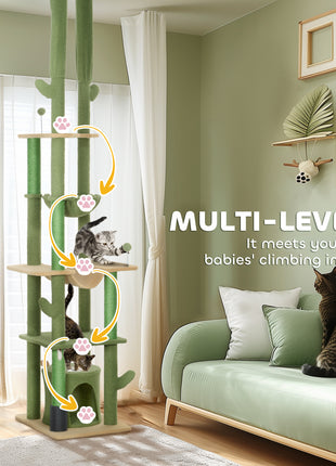 89"-100" Floor to Ceiling Cat Tree, Cat Climbing Tower with Grooming Brush Post, Cat Condo, Hammock, Green