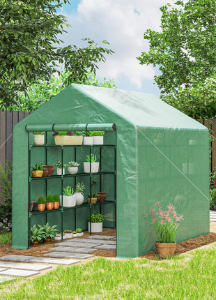 Outdoor Walk-in Greenhouse with Roll-up Zipper Door, 18 Shelves, PE Cover, 95.25" x 70.75" x 82.75", Green