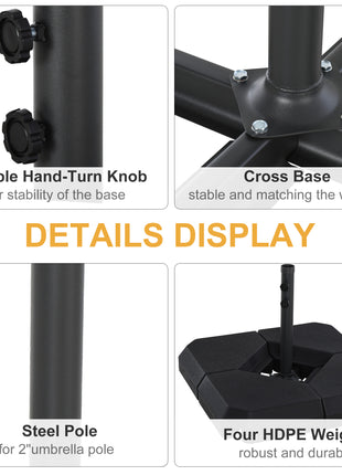 Umbrella Stand Fitting 2" Poles and Steel Base with 4 Fillable Plastic Weights, 4 Gal. Capacity Each - Black