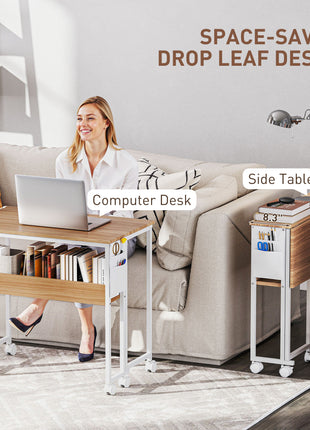 Folding Computer Desk, Foldable Desk with Storage Bag, Shelf and Wheels for Small Spaces, Home Office, Natural Wood