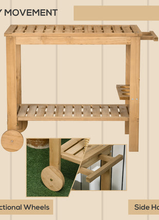 Outdoor Bar Cart, Wood Rolling Home Bar & Serving Cart ，2 Shelves, Wine Bottle Holders for Garden, Dining Room, Natural