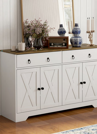 Kitchen Storage Sideboard, Farmhouse Buffet Cabinet with Barn Style Doors, Drawers, Adjustable Shelves, White