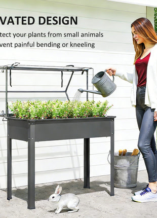 Elevated Garden Box with Greenhouse Cover, Raised Garden Bed with Legs and Drainage Hole for Vegetables, Dark Gray