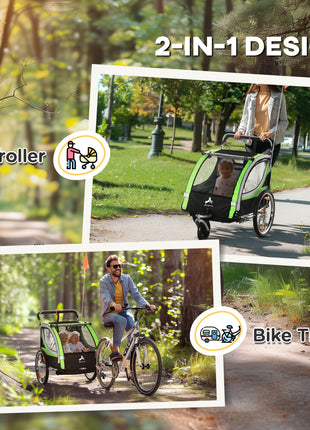 2-in-1 Walk/Ride Child Baby Bike Trailer for Kids 2 Seater, High-Visibility Bike Stroller for Toddler Wagon, Weather-Strong Double Bicycle Trailer Accessory, Green